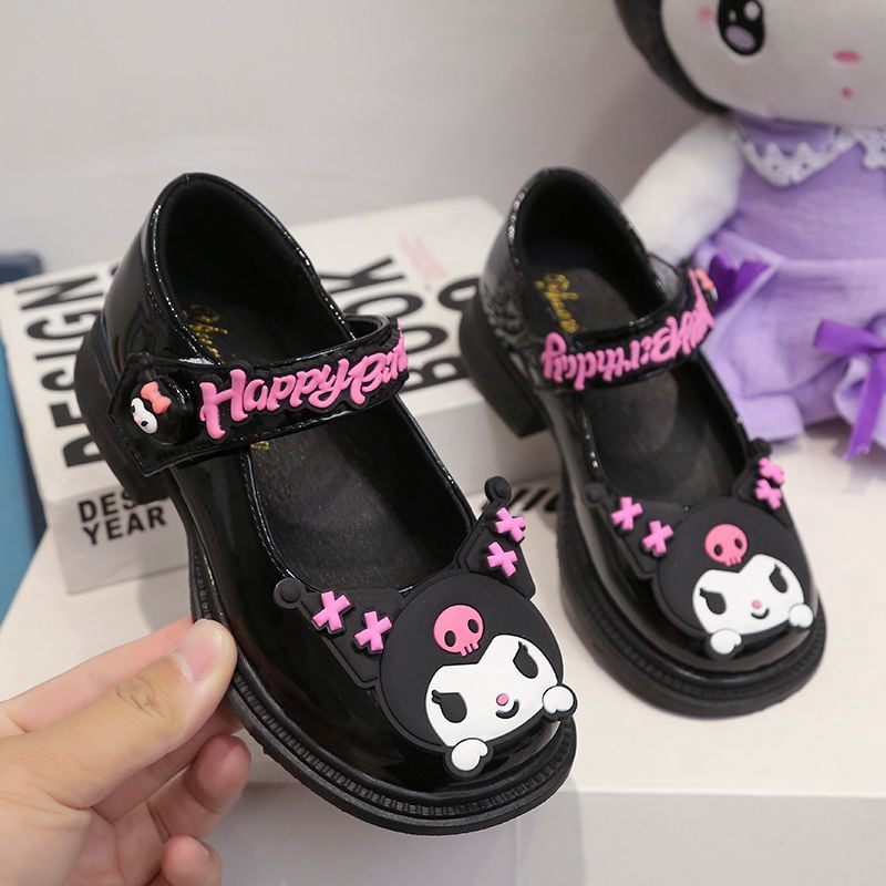 2024 Sanrioed Kuromi Leather Shoes Kawaii Anime Girls Black British Princess Shoes Sweet Cute