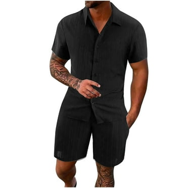 2024 Savings! Miqool Men's 2 Pieces Outfits Casual Short Sleeve Button Down Shirt and Shorts Set Summer Beach Yoga Matching Set Athletic Jogging Tracksuit