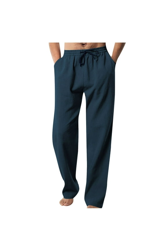 Mens Cotton Linen Pants Loose Fit Lightweight Drawstring Elastic Waist Casual Joggers Summer Beach Yoga Long Pants Lounge Pants with Pockets