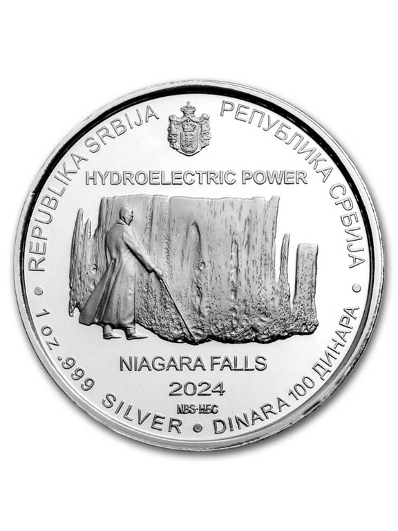 2024 Serbia 1 oz Proof Ag 100 Dinar Tesla: Hydroelectric Power