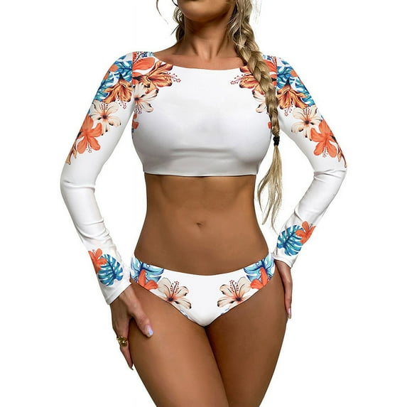 2024 Sexy Bikini Swimsuit Women Long Sleeve T-shirts Briefs Set 2 Piece Floral Swimwear Sunsuits
