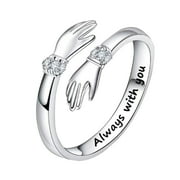 CAMERIARIO 2024 Silver Hug Rings Always With You Adjustable Hug Ring For Couple Hugging Letter Rhinestone Ring
