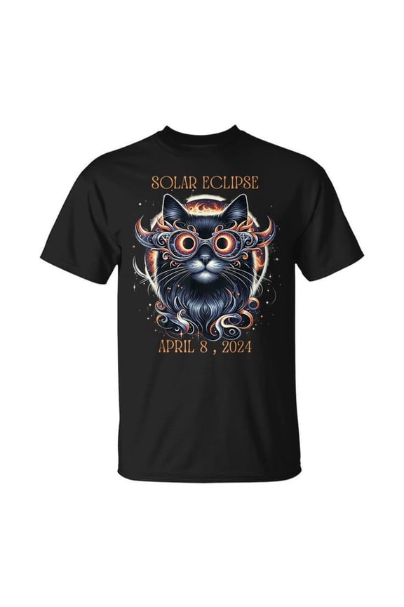 2024 Solar Eclipse Fantasy Cat Graphic Tee Unisex Adult Cotton Shirt with Glasses, Fun Astronomy Viewing Outfit, April 8 Totality Event Gift Idea for Cat Lovers, Size L, Color Black