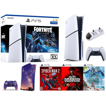 2024 PlayStation PS 5 Gaming Holiday Bundle: PS 5_Disc Console Enhanced 2TB SSD with Fortnite Cobalt Star + Spider-Man 2 + Modern Warfare III + Horizon + Controller + Charging Dock + Console Skins
