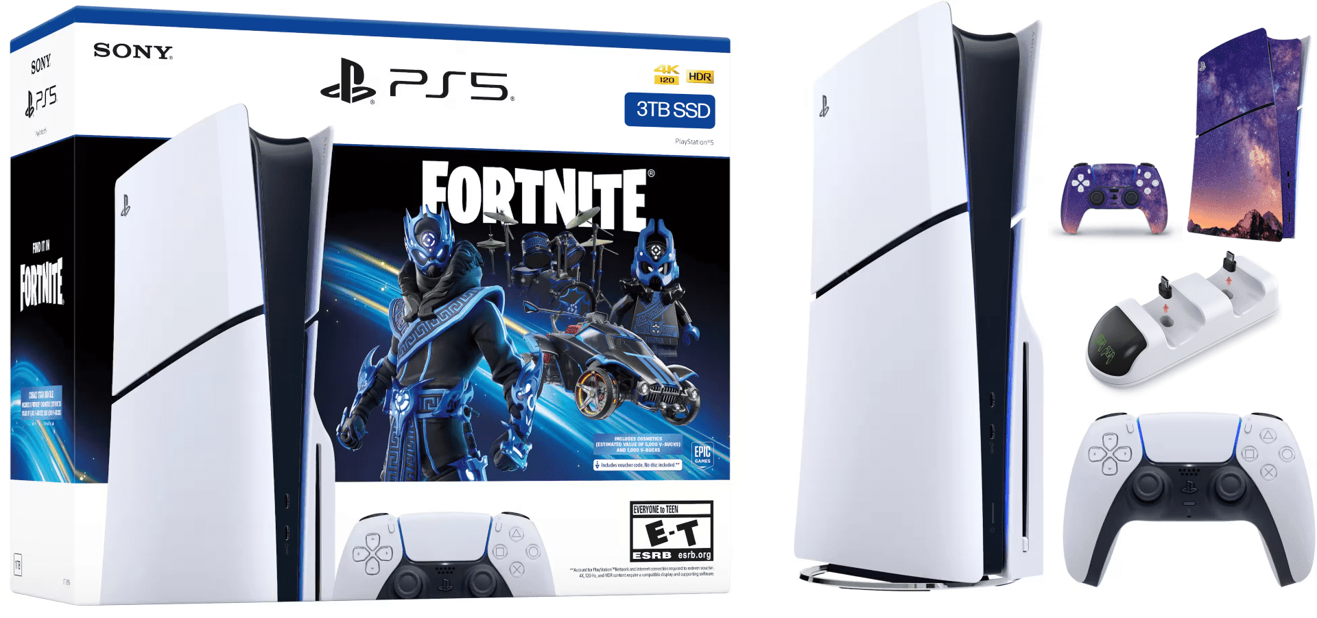 2024 PlayStation PS 5 Gaming Holiday Bundle: PS 5_Disc Console Enhanced 3TB SSD with Fortnite Cobalt Star pack + Wireless Controller + Charging Dock + 3pcs Console Skins