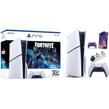 2024 Sony PlayStaton PS 5 Gaming Holiday Bundle: PS 5_Disc Video Game Console with Fortnite Cobalt Star pack + Wireless Controller + Charging Dock + Controller & Console Skins