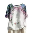 thumbnail image 1 of 2024 Spring Cotton Linen Tops for Women Women's Summer Casual Crew Neck Mesh Panel 3/4 Bell Sleeve Loose Blouse Top, 1 of 5