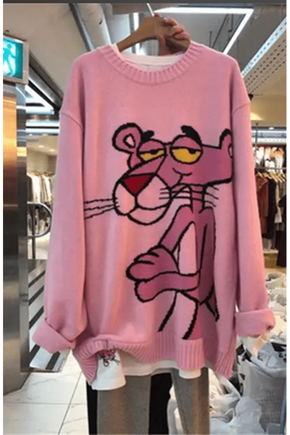 2024 Spring New Cartoon Sweater Women's Loose Leopard Round Neck Loose Casual Pullover Knitting Sweater Tops Red