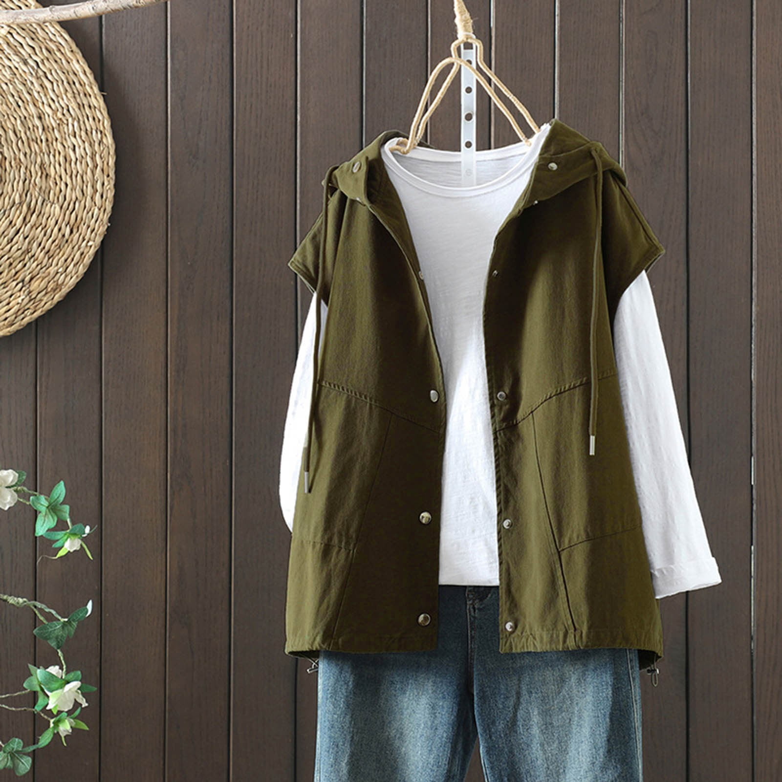 2024 Spring New And Linen Large Size Literary Hooded Loose Jacket Workwear Vest Top Womens Business Casual Clothes Boys Winter Vest Running Vest Rouge Women Insulated Vest Sleeveless Jackets Light