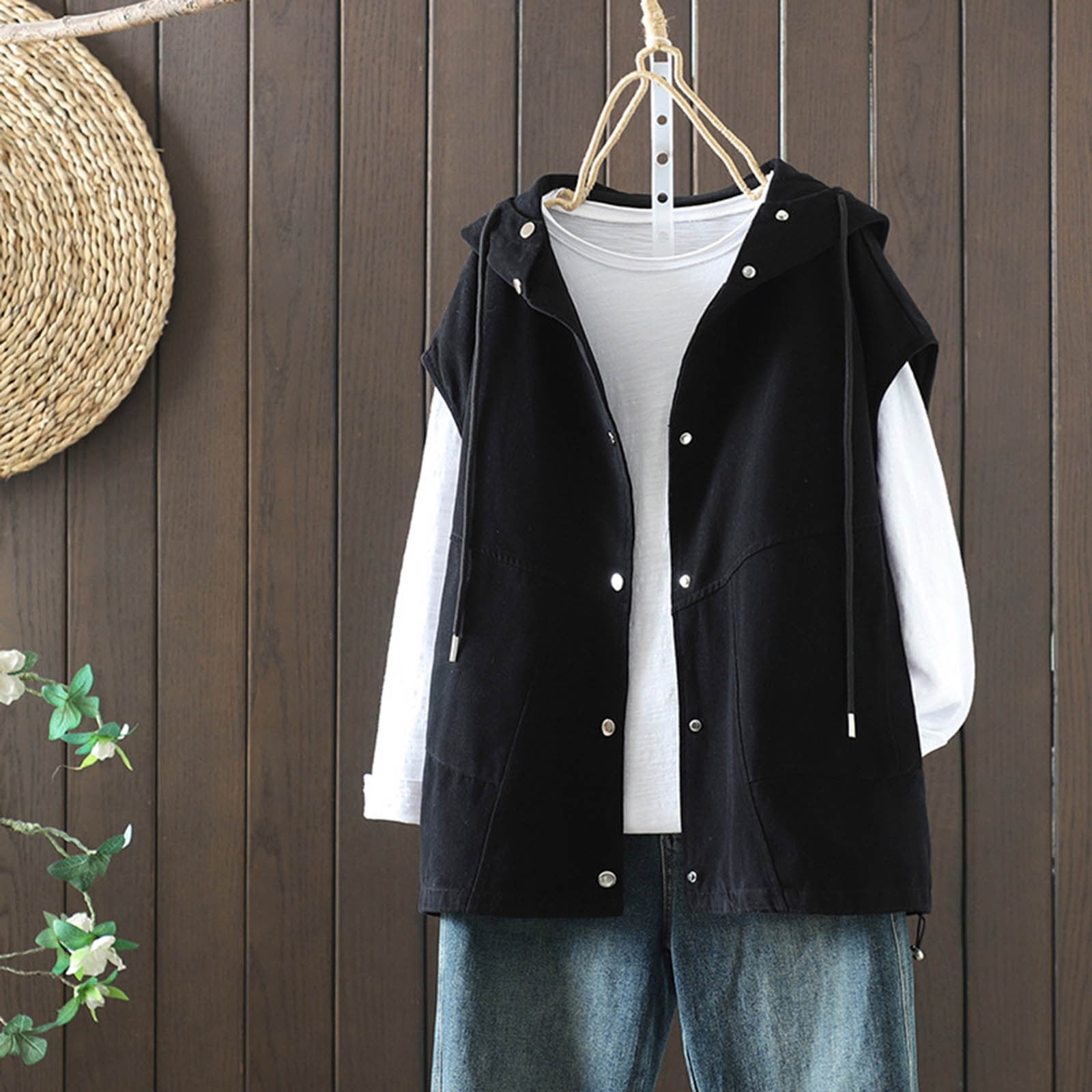 2024 Spring New And Linen Large Size Literary Hooded Loose Jacket Workwear Vest Top Womens Business Casual Clothes Boys Winter Vest Running Vest Rouge Women Insulated Vest Sleeveless Jackets Light