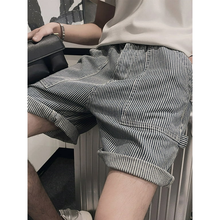 2024 Spring Summer Fresh Striped Denim Shorts Men Vintage Pockets Loose Straight Jean Shorts Male Fashion Mens Shorts Streetwear