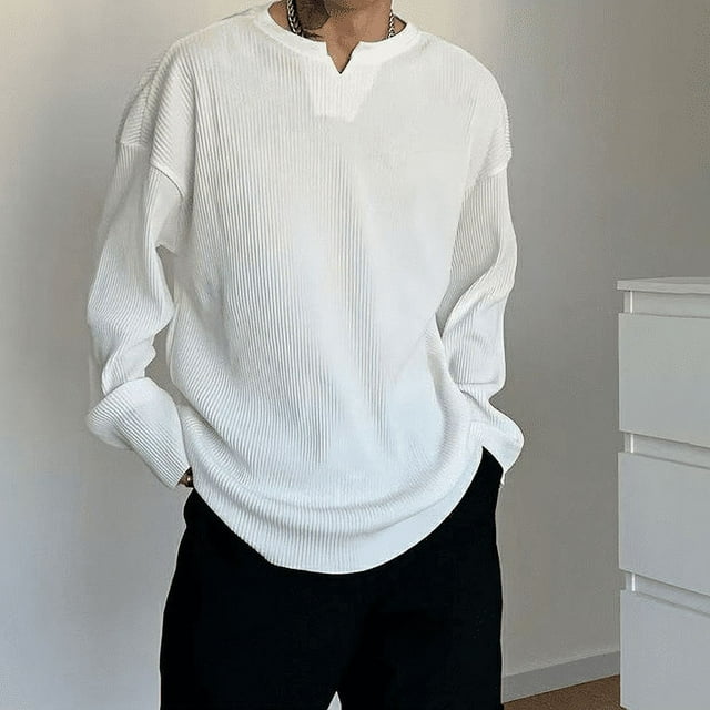 2024 Spring White V-Neck Pleated Stripe T-Shirt Men Large Size Silky ...