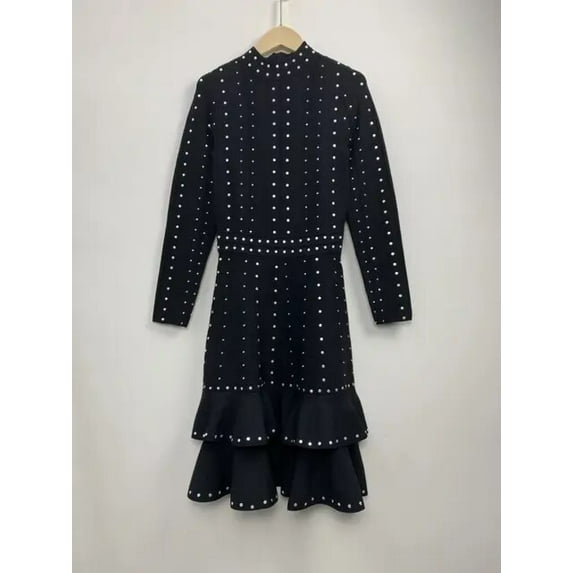 2024 Spring Women Black High Waist Long Sleeve Knitted Dress