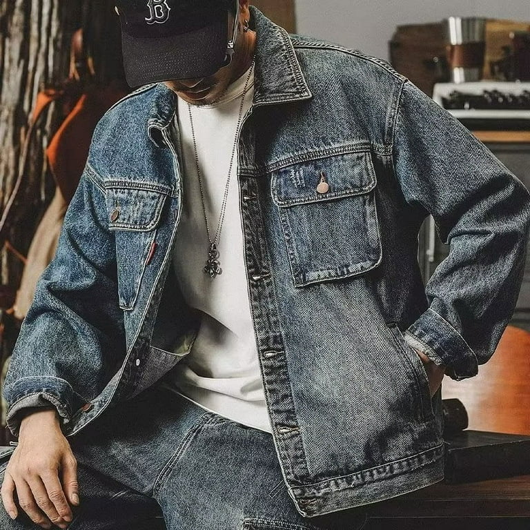 2024 Spring and Autumn Jacket Men s Trendy Loose Casual Lel Jacket American Style Vintage Denim Jacket Men s Wear Walmart