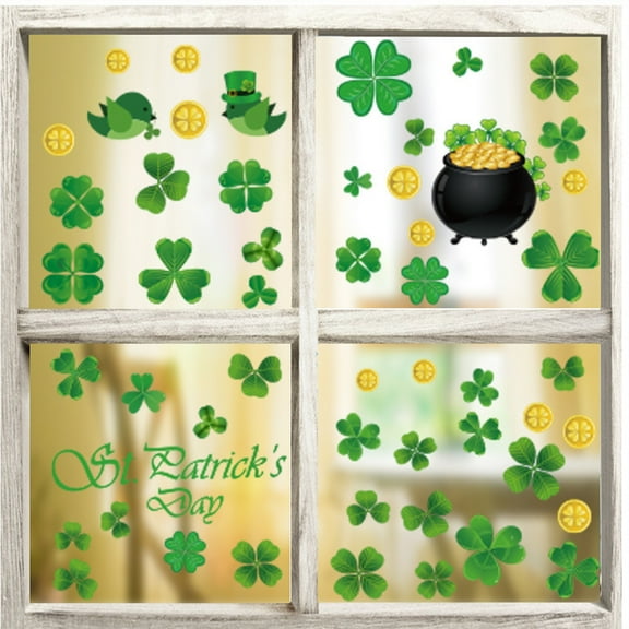 2024 St Patricks Day Window Clings Decorations, Green Shamrock Decals for Holiday Party Supplies Accessories
