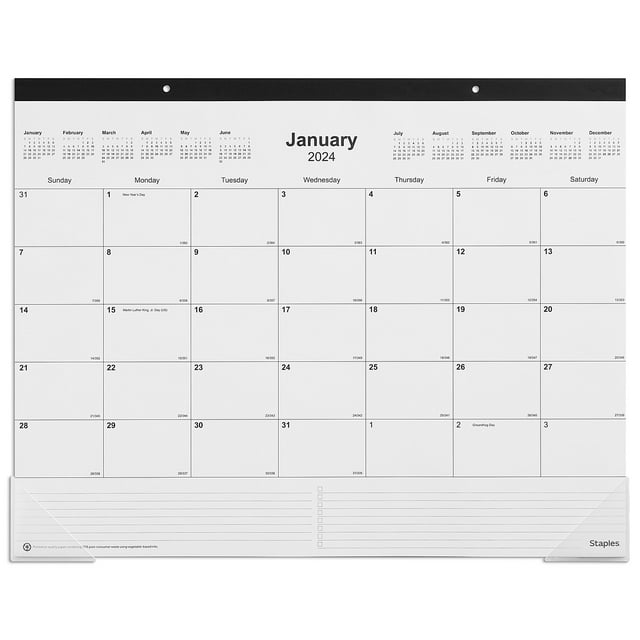 2024 Staples 22" x 17" Desk Pad Calendar Unlined Black/White (ST58448