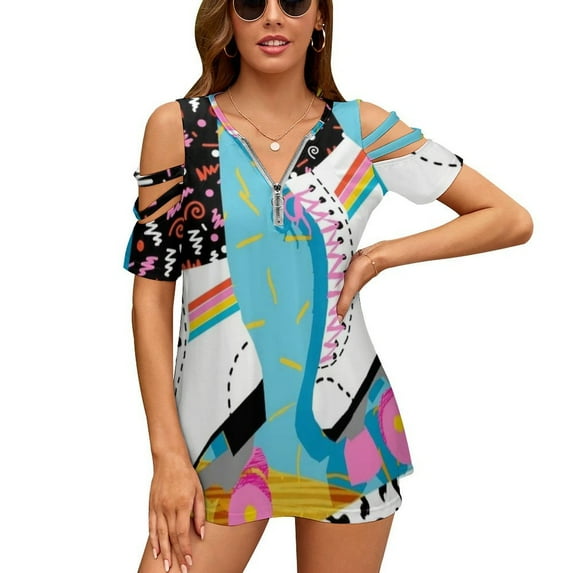 2024 Steeze-80S Retro Throwback Rollerskating Rink Neon Memphis Women'S T-Shirt Summer Fashion Print Floral V-Neck Zipper Tshirt