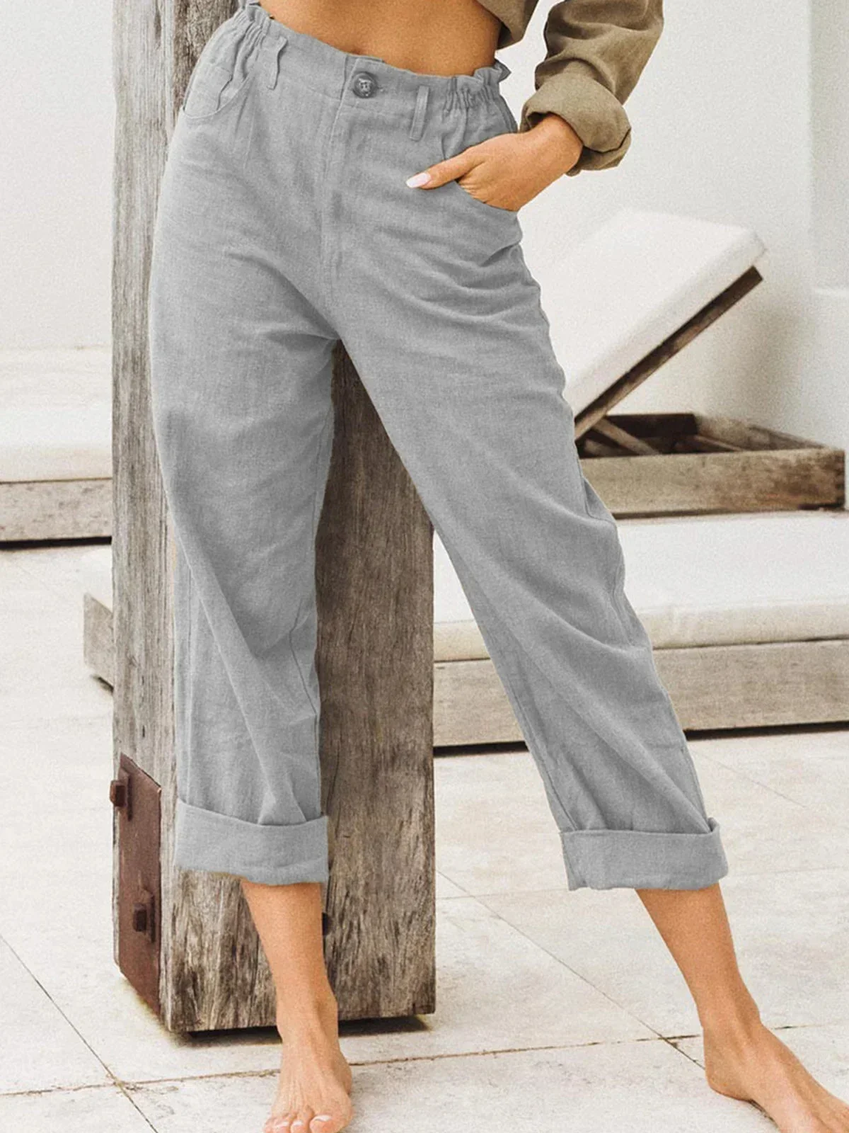 2024 Summer Cotton Linen Women's Long Pants Black Pockets Button Loose
