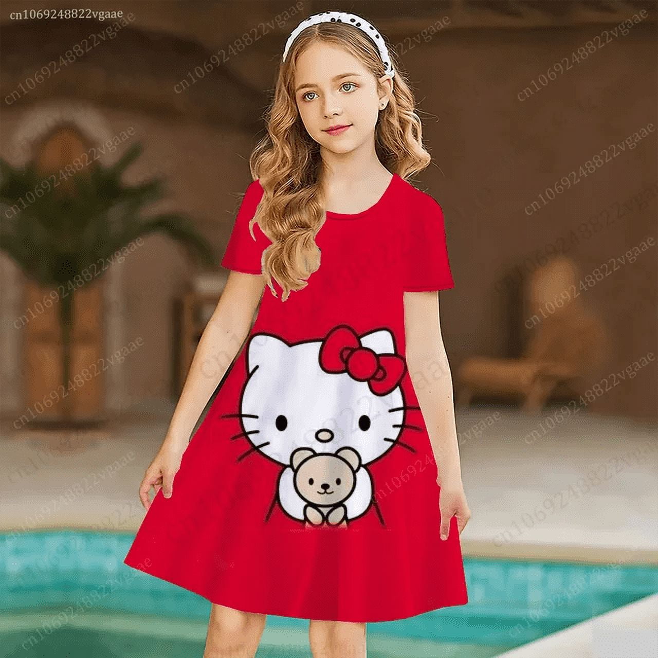 2024 Summer Girls Short Sleeve Black Dress Sanrio Hello Kitty Women ...