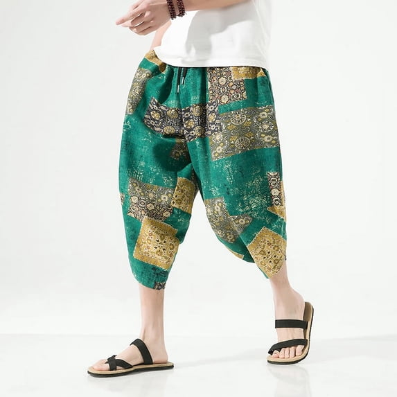 2024 Summer Harajuku Calf Length Casual Men's Pants Wide Leg Cotton Linen Printing Harem Baggy Pants Fashion Men's Clothing