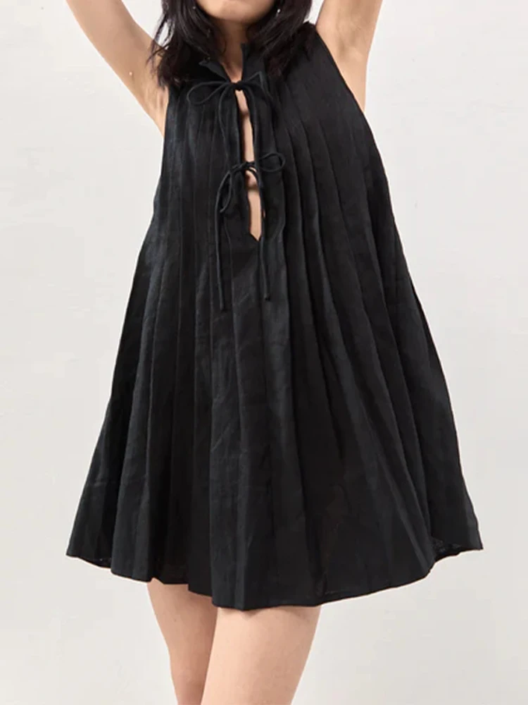 2024 Summer Hollow Lace-up Pleated Mini Dresses Casual Sleeveless V ...