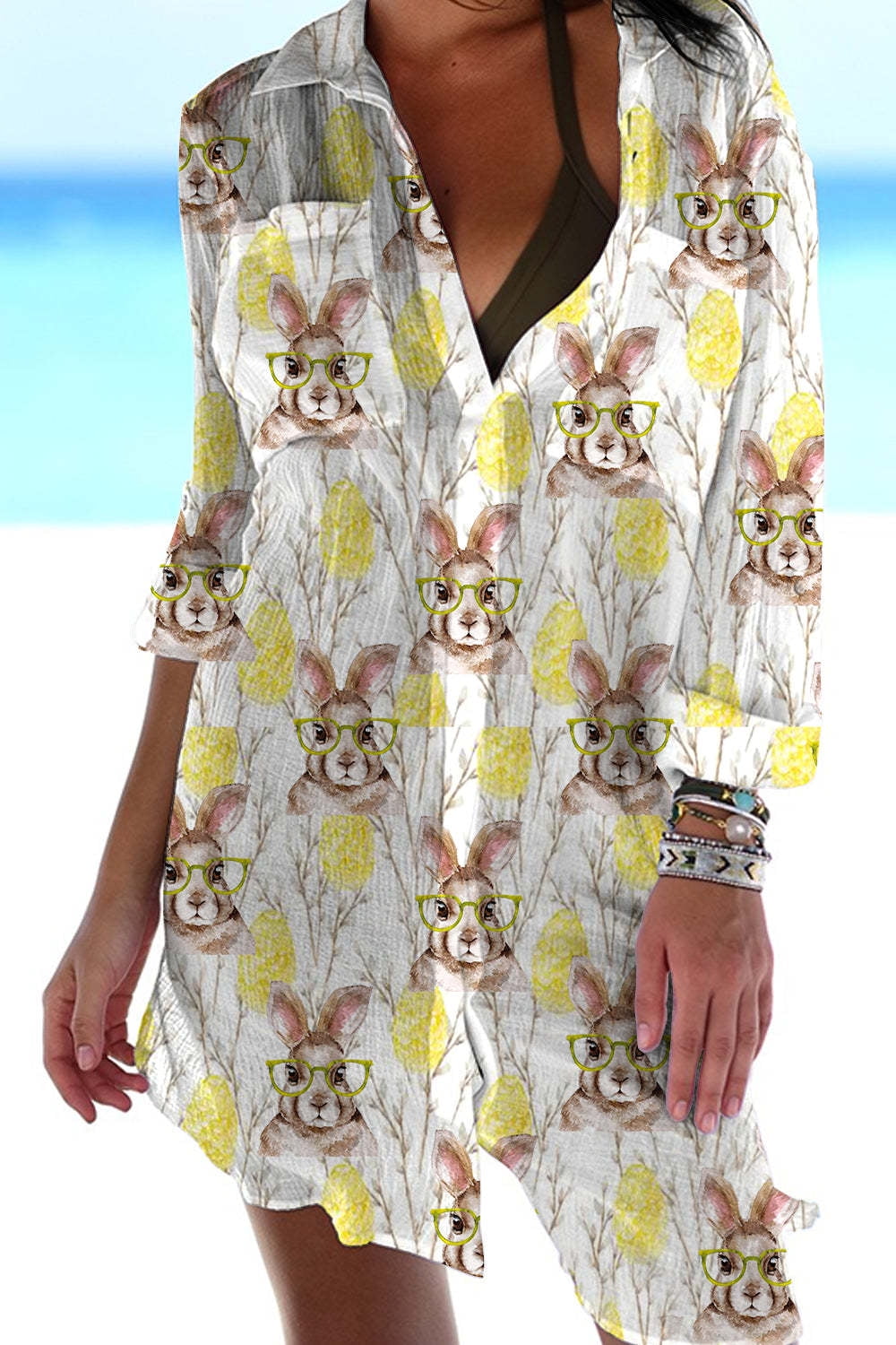 Woven Crepe Shirt Hidden Hook Beach Cover up Bikini Coat Shirt Swimsuit Cardigan Women main image 1