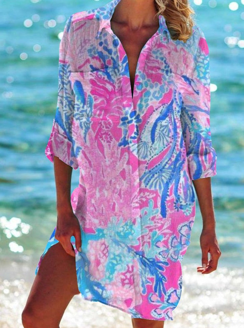 Woven Crepe Shirt Hidden Hook Beach Cover up Bikini Coat Shirt Swimsuit Cardigan Women