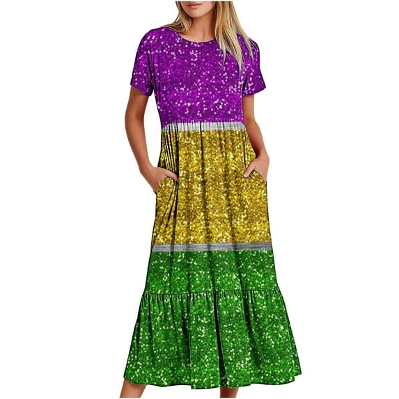 2024 Summer Maxi Dress for Women Fashion Plus Szie Mardi Gras Printed Carnival Short Sleeve Crewneck Dress Casual Flowy Tiered Maxi Beach Dress With Pockets Up to 65% off!