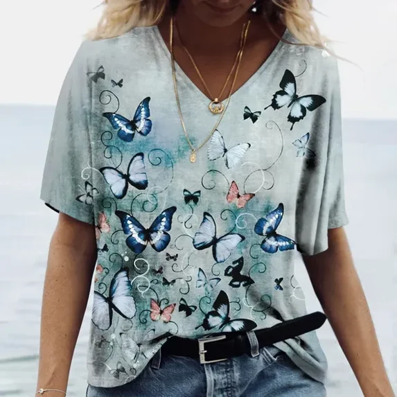 2024 Summer New 3d Flower Print V-neck Short Sleeve Blouse Fashion T-shirts For Women Clothing Y2k Tee graphic t shirts