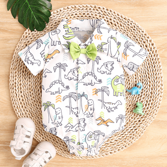 2024 Summer New Boys' Cotton Short Sleeve Animal Print Romper Clothing Set Dinosaur Shirt Hatshirt Climbing Wear Gentleman Jumpsuit Baby Fashion Climbing Wear 2024 NEW
