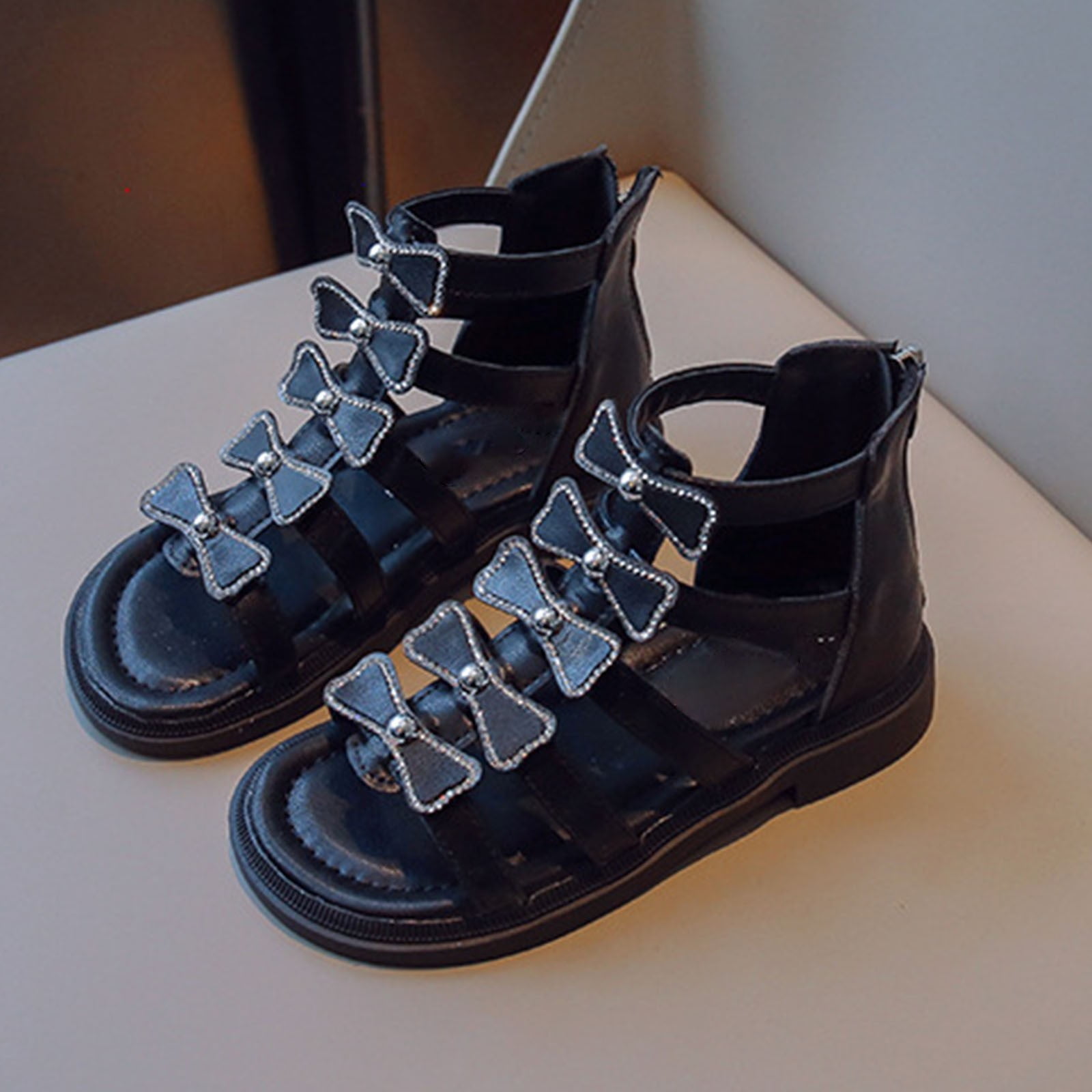 2024 Summer New Girls Solid Color Fashion Retro Open Toe Zipper Sandals