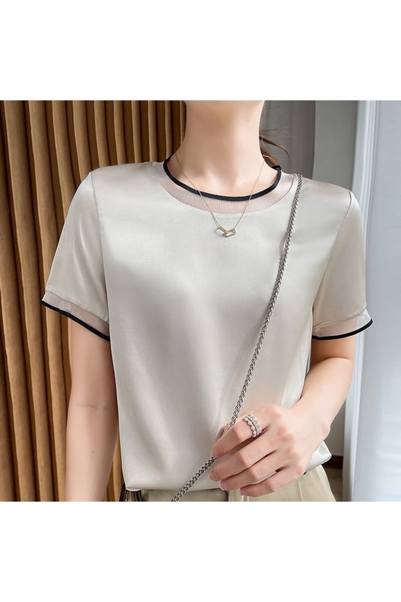 2024 Summer New Silk Satin Short Sleeve T Shirt Women's Mesh Solid Color Vest Temperament V Neck Top T Shirt Women Summer Loose Fit Short Sleeve Women Long Tee Shirt Womens Workout Tops Loose Fit