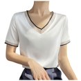 thumbnail image 1 of 2024 Summer New Silk Satin Short Sleeve T Shirt Women's Mesh Solid Color Vest Temperament V Neck Top, 1 of 2