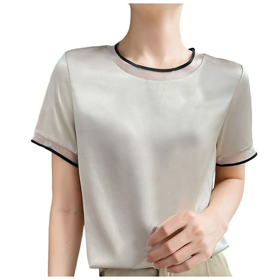 2024 Summer New Silk Satin Short Sleeve T Shirt Women's Mesh Solid Color Vest Temperament V Neck Top