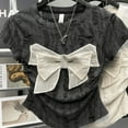 thumbnail image 1 of 2024 Summer New Women's Crew Neck Hole Spliced Bow Solid Color Chic Slim Fashion Short Sleeve Commuter All-match T-shirt Tops, 1 of 6