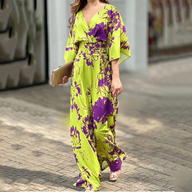 2024 Summer New Women's Fashion Elegant Printed Bat Sleeve Sexy Waist V