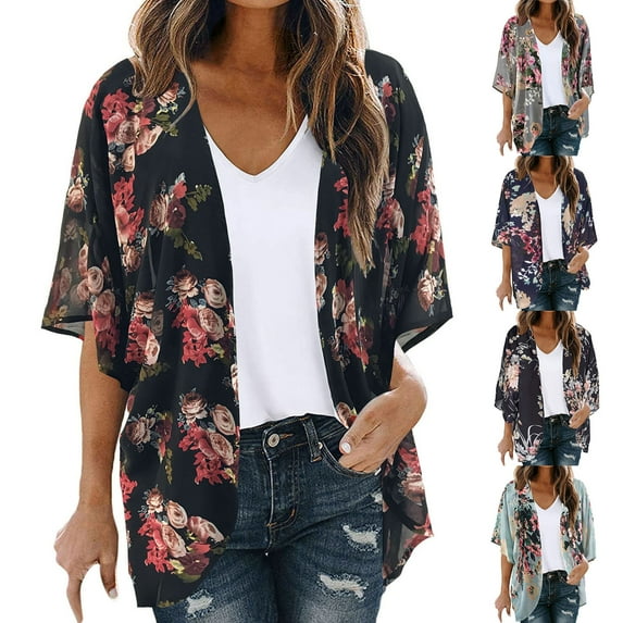 2024 Summer Savings Clearance AXXD Black Swimsuit Cover Up Women Plus Size Floral Print Puff Sleeve Kimono Cardigan Loose Chiffon Cover Up Tops