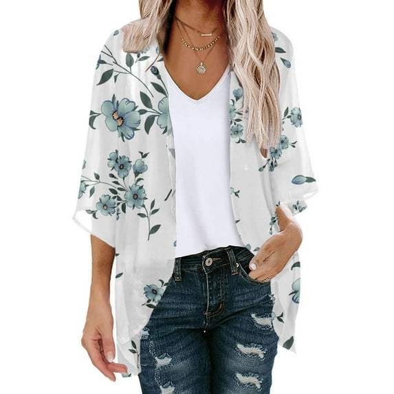 2024 Summer Savings Clearance AXXD White Cover Up Women Kimono Cover up Summer Floral Print Puff Sleeve Loose Cover Up Trendy Tops