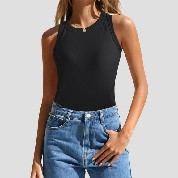 2024 Summer Sleeveless Tank Tops Ribbed High Neck Racerback Slim Fitted Color Block Casual Shirts Long Layering Top Women with Shelf Bra for Women Layering for Women Thin Strap Bra Set plus Size Sheer