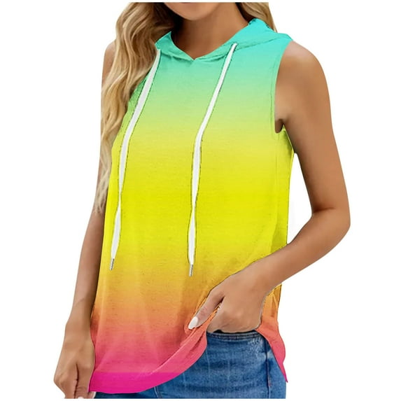 2024 Summer Women's Sleeveless Hoodies Lightweight Oversized Hooded Sweatshirt for Women Tank Tops T-Shirt Gradient