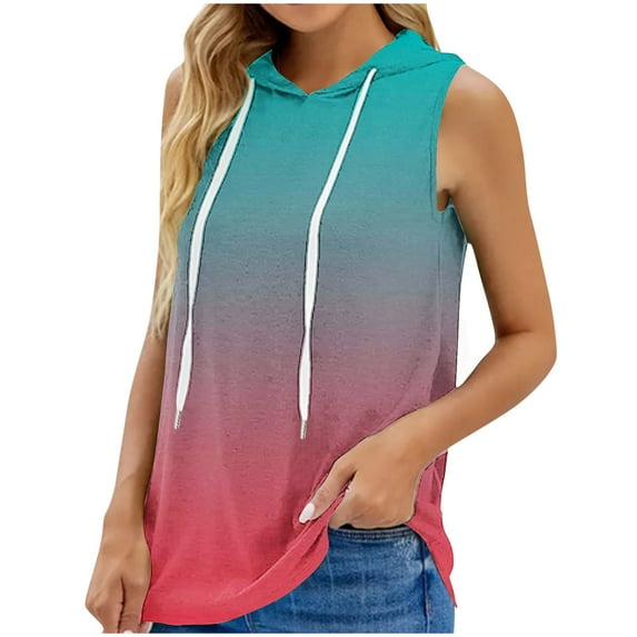 2024 Summer Women's Sleeveless Hoodies Lightweight Oversized Hooded Sweatshirt for Women Tank Tops T-Shirt Gradient