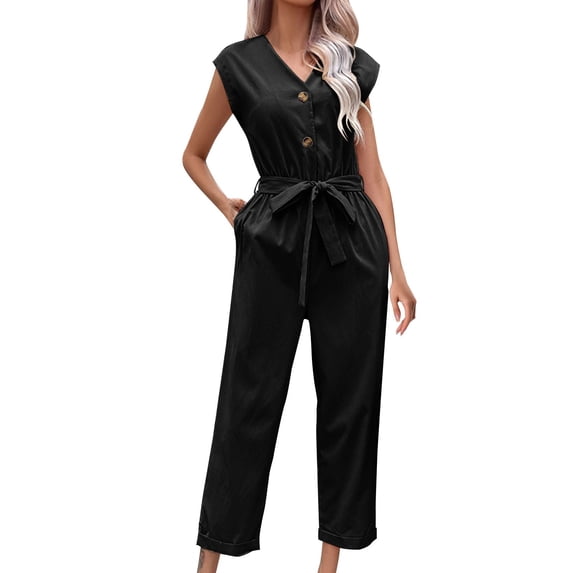 2024 Summer Women's Sleeveless V-Neck Lace-Up Jumpsuit High Waist Cropped Straight Leg Bib Pants with Pockets - Navy/Black/Khaki (S-XL)