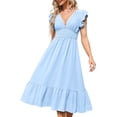 thumbnail image 1 of 2024 Summer Women's V Neck Short Sleeve Dress High Waist A line Dress Flowy Ruffle Shirred Swing Midi Dresses, 1 of 9