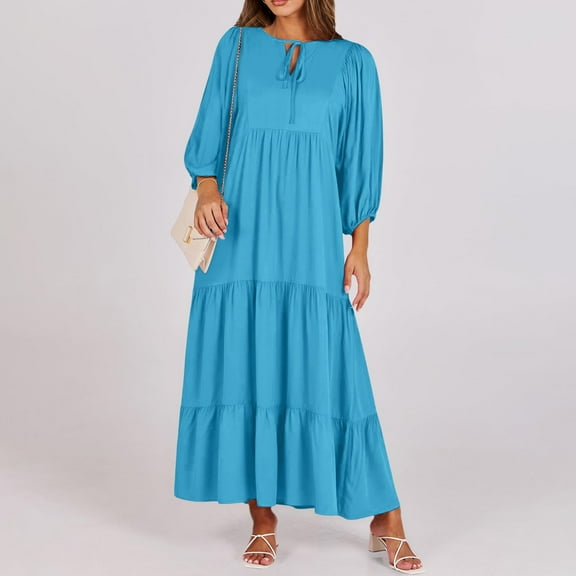 2024 Summer Womens Boho Maxi Dresses V Neck Puff Sleeve Floral Flowy Swing Casual Long Dress Short Summer Dress Tee Shirt Dress Knee Length Long Sleeve Tunic Dress Athletic Dress Women Long Dress