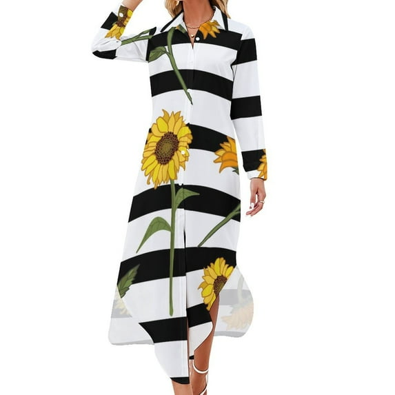 2024 Yellow Sunflower Casual Dress Black Stripes Print Stylish Dresses Sexy V Neck Elegant Chiffon Dress Long Sleeve Clothing 4XL 5XL