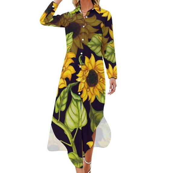 2024 Yellow Sunflower Casual Dress Black Stripes Print Stylish Dresses Sexy V Neck Elegant Chiffon Dress Long Sleeve Clothing 4XL 5XL