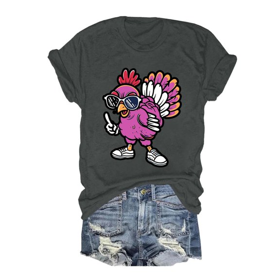 2024 Sunglasses Chicken Print Women’s Round Neck Short Sleeve T Shirt