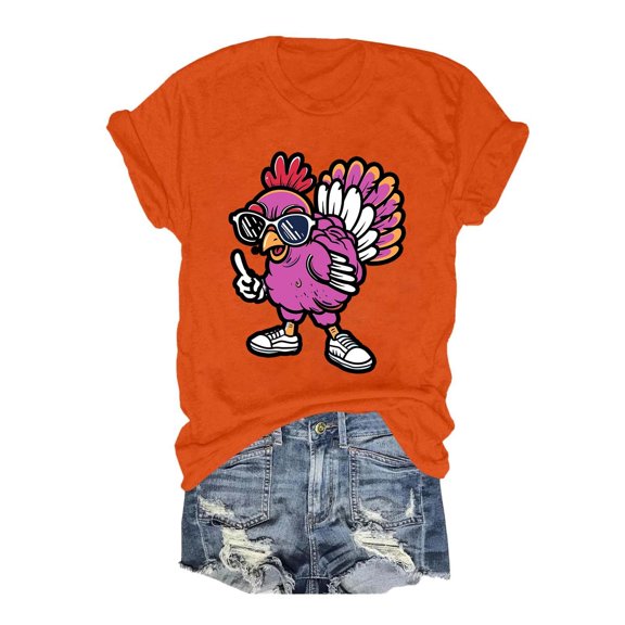 2024 Sunglasses Chicken Print Women’s Round Neck Short Sleeve T Shirt