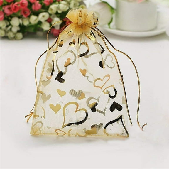 2024 TOP! 100Pcs 9x12cm Sheer Drawstring Heart Organza Jewelry Pouches Wedding Christmas Favor Gift Bags (Gold)