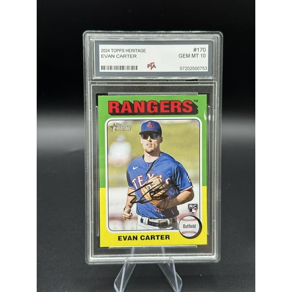 2024 TOPPS HERITAGE BASEBALL Evan Carter Texas Rangers ROOKIE CARD PROFESSIONALLY GRADED GEM MINT PTA 10